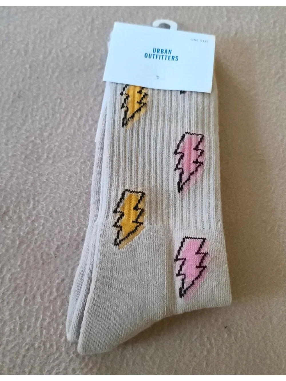 2 Pairs Urban Outfitters Crew Socks OS Unisex Lightning Bolt + Order Chaos NEW